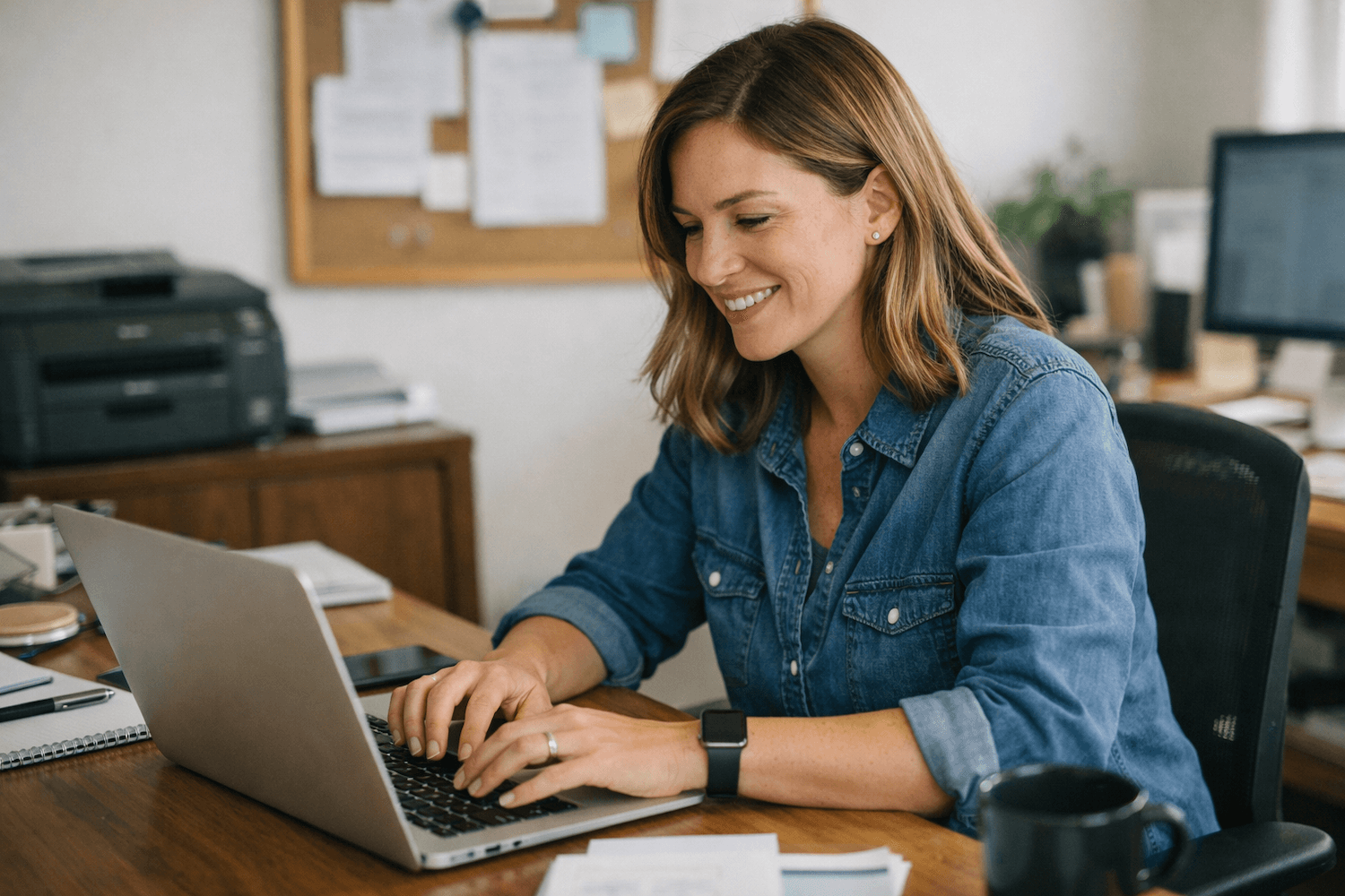 happy business owner working on laptop